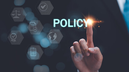 businessman pointing at virtual icon ,Concepts of practices and policies , document verification concept , ethics concept , Rules and policies , Terms and conditions , corporate governance documents