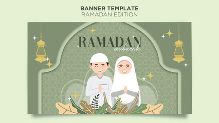 Flat Design Ramadan Mubarak with hand drawn paper cut style Poster Greeting Card Template