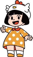 鶏の帽子をかぶったかわいい女の子のキャラクターイラスト（片手を上げる・案内）