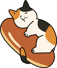 大きなコッペパンを抱きしめて眠る三毛猫のキャラクターイラスト