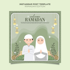 Flat Design Ramadan Mubarak Hand Drawn with Paper Cut Style Instagram or Social Media Post Template