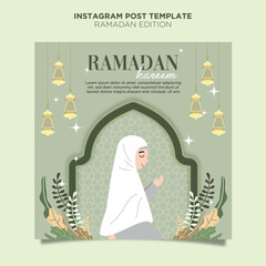 Flat Design Ramadan Mubarak Hand Drawn with Paper Cut Style Instagram or Social Media Post Template