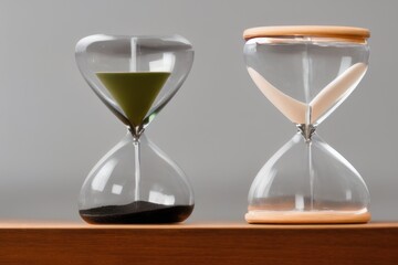 hourglass on brown table, two retro time glass countdown timer, sand in glass