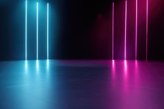 neon blue and pink lights in the back of the stage, stage for product display © shital