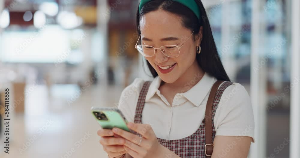 Poster Woman, smile and phone for social network, chat communication or dating affair by blurred background. Asian gen z girl, smartphone or happy for app, web contact and laughing for social media in Tokyo