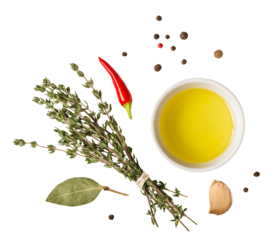 Olive oil, bouquet of thyme and spices cut out on transparent background