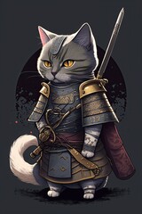 Chibi Anime Illustration of Chartreux cat in Japanese Samurai Armor: Playful Adorable Design Featuring Cute Animal in Traditional Battle Gear, Perfect for Manga Fans (Generative AI