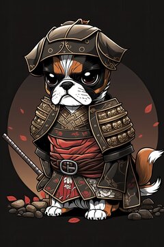 Chibi Anime Illustration of Boxer dog in Japanese Samurai Armor: Playful Adorable Design Featuring Cute Animal in Traditional Battle Gear, Perfect for Manga Fans (Generative AI