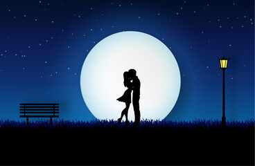 couple in wedding dress hugging on the meadow garden with the full moon light, lamp post and fireflies. valentine card, paper art in night sky and blue background.