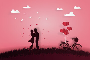 lover hugging in the meadow with origami balloon heart, birds, clouds and bicycle on background. valentine, paper art concapt.
