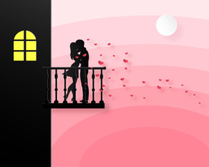 couple embrace on the balcony with hearts on pick background. valentine, love, paper art concept.