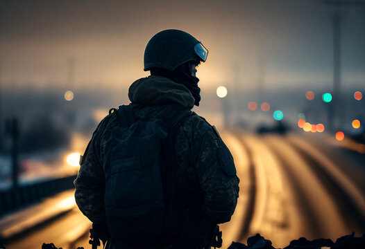 Soldier stands on the check point to the city military concept, ai generate
