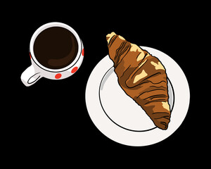 Croissant and a black coffee or a hot chocolate on a black background
