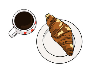 Croissant and a black coffee or a hot chocolate on a white background