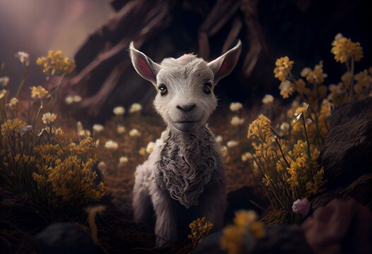 A Charming Baby Goat Depicted In A Child-friendly, Animated Fantasy Style. Generative AI