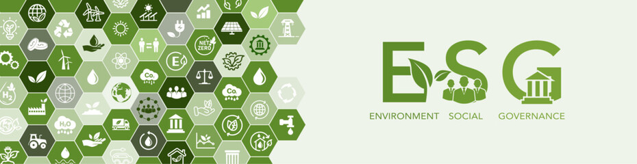 ESG Icon Banner - Environment, Society and Governance environmental concept social connection related icons environmental friendly icon set - obrazy, fototapety, plakaty