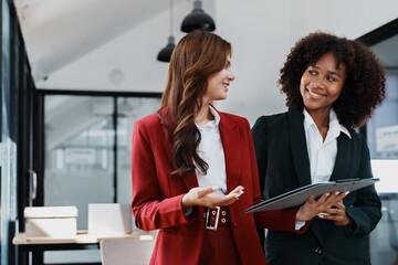 Multiethnic business, Beautiful American African with asian businesswomans people in meeting....