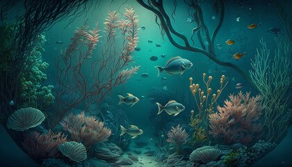 Plakat coral reef and fishes generative ai
