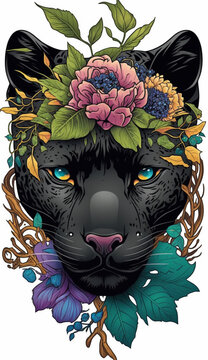 Cute Black Panther Head In Flowers