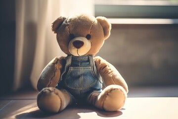 teddy bear wears denim outfit. AI generative