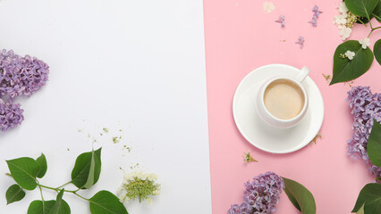 Composition with cup of coffee on color background.