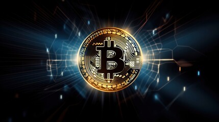 bitcoin gold coins with sign on top, crypto technology copy space wallpaper, generative ai 