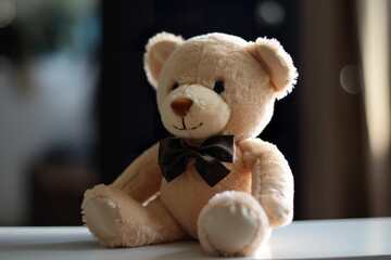a stuffed white teddy bear with bow tie. ai generative
