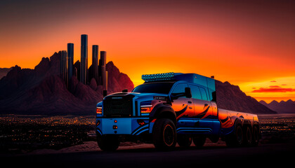 Most Extreme Production Truck On The Planet standing on the road at sunset. Generative AI