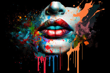 human lip close up with colorful painting splashes