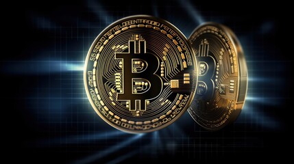 bitcoin gold coins with sign on top, crypto technology copy space wallpaper, generative ai 