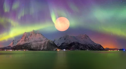 Fototapete Nordeuropa Northern lights (Aurora borealis) in the sky with lunar eclipse - Tromso, Norway "Elements of this image furnished by NASA"