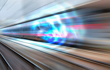 Fototapeta na wymiar High speed train runs on rail tracks - Train in motion