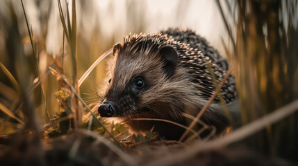 Fototapeta premium A hedgehog runs through the tall grass.A hedgehog runs through the tall grass