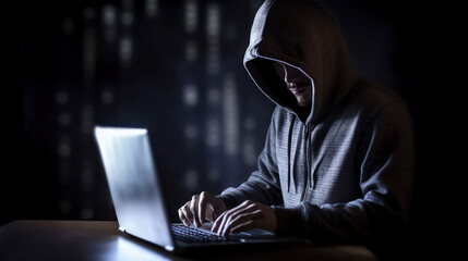 Data theft represented by a man in a hood sitting at a loptop.Data theft represented by a man in a hood sitting at a loptop