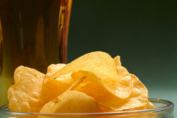 potato chips and beer closeup