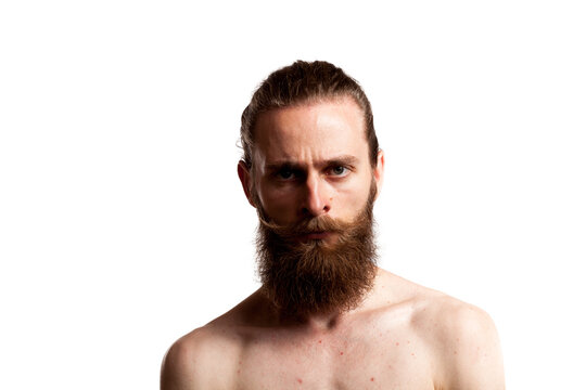 Hipster with long beard over white background in studio photo