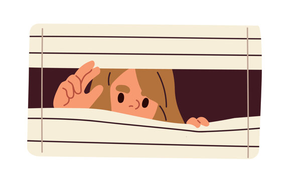 Spying peeping woman, looking from behind window shutters. Suspicious person peeking, looking, watching, observing, hiding with shades. Flat graphic vector illustration isolated on white background