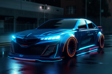Fototapeta na wymiar car tuned for street racing, with neon lights, Generative AI