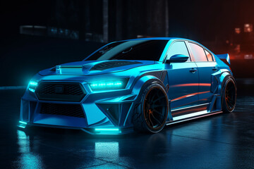 Obraz na płótnie Canvas car tuned for street racing, with neon lights, Generative AI
