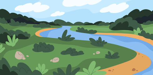 Fototapeta na wymiar Summer nature, rural landscape with green grass, river water, sky horizon with clouds. Countryside scenery with forest trees at distance, shrubs. Peaceful summertime. Flat vector illustration