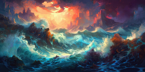 Fototapeta na wymiar Colorful sunset seascape surreal hurricane stormy sea, turbulent ocean surf, high waves crashing, dramatic fiery clouds - generative AI