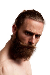 Obraz premium Cool hipster guy with long beard over white background in studio photo