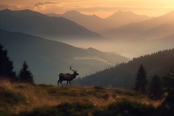 Fototapeta na wymiar A stag on mountains view at sunset