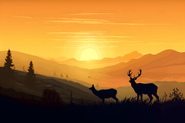 A stag on mountains view at sunset