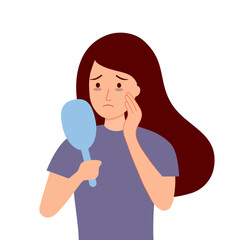 Young woman hand mirror worrying about her dark circles under eyes in flat design.