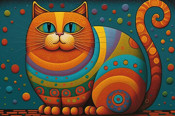 A cat with a coat colored by geometric patterns, naive art drawing, generative ai illustration