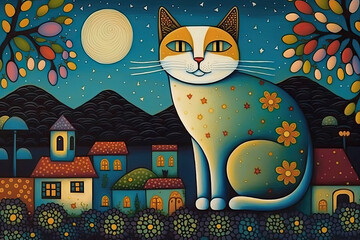 A light blue cat with orange flowers in its coat at night under the moonlight near a small village, generative ai illustration