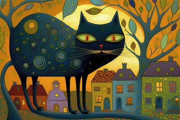 A black cat with fluorescent green eyes with spiral marks on its coat in front of a small village, naive art drawing, generative ai illustration