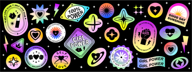 Set Collection of elements patches, labels, tags, stickers, and stamps.  Self-love, girl power, female, feminist, girls support girls. Vector set, trendy