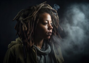 Fototapeta premium Portrait of a dreadlock black woman using vaporizer in the city. 